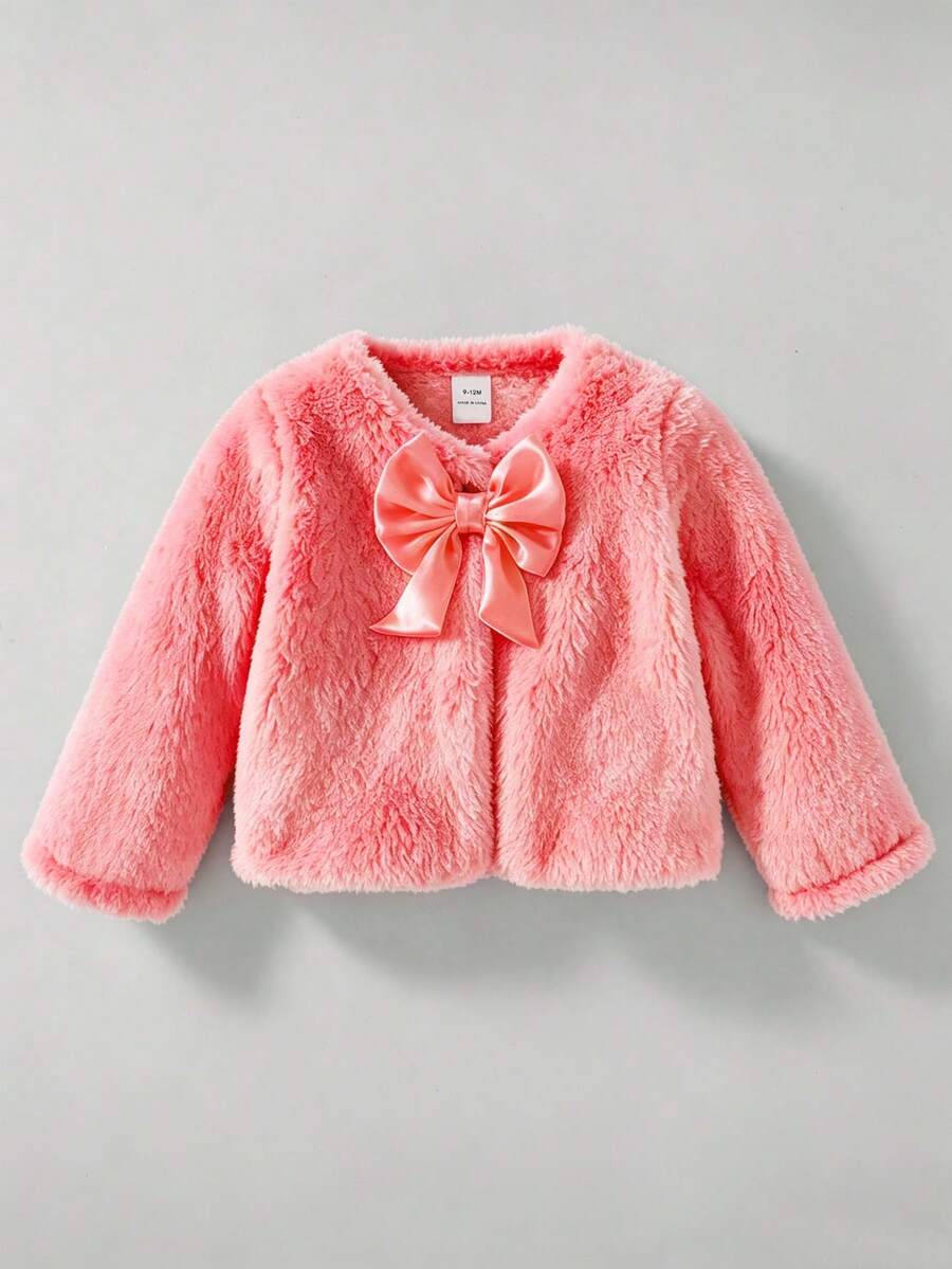 SHEIN Elladie kids 女嬰幼兒秋冬新款百搭優雅毛絨蝴蝶結開襟外套，適合外出，米色/杏色，完美適配日常穿著與派對場合 - 西瓜粉 - 查看 1