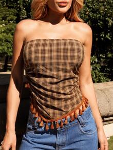 Sandy Gomes French Retro Plaid Fringe Bowknot Cropped Camisole Top Brown Summer - Brown - View 7