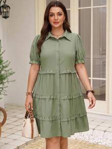 Rosumi Plus Size Women's Summer Casual Vacation Solid Green Frill Trim Dress - Green - View 2
