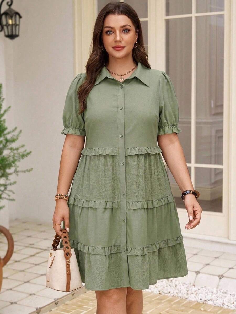 Rosumi Plus Size Women's Summer Casual Vacation Solid Green Frill Trim Dress