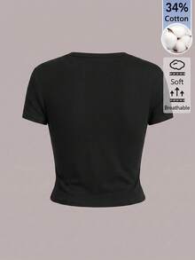 SHEIN BASICS 女款純色休閒圓領短袖短版T恤上衣 白色上衣 - 黑色 - 查看 2