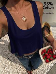 SHEIN EZwear 女款休閒深U領寬鬆短版背心，海軍藍，適合夏季 - 藏蓝色 - 查看 8