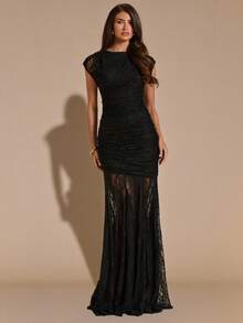 SHEIN BAE Black Lace Bodycon Elegant Fitted Ruched Dress, Black Lace Flowy Dress - Black - View 6
