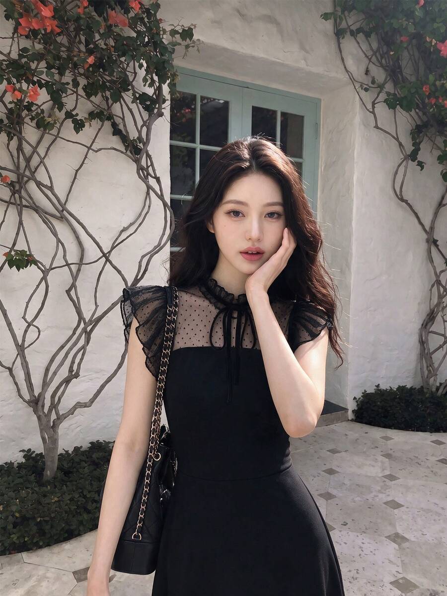 SHEIN MOD Contrast Mesh Tie Neck Ruffle Trim Black Long Dress, Graduation Dress