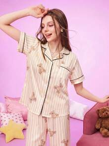 Provexi Provexi Women's Milk Coffee Color Vertical Stripe Teddy Bear Print Collared Trim Short Sleeve & Long Pants 2 Pieces Pajama Set - Multicolor - View 7