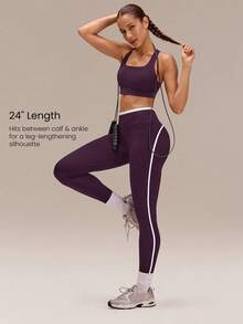 GLOWMODE 24" Ultrafine Soft Seamless V-Waist Contoured Scrunch Bum Contrast Seams Non-See-Through Leggings Running Workout Gym - Bold Plum - View 5