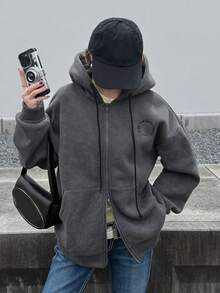 FRIFUL Women's Korean Style Autumn Solid Color Hooded Fleece Lined Double Zipper Jacket Sweatshirt Oversized T Shirts For Women - Grey - View 5