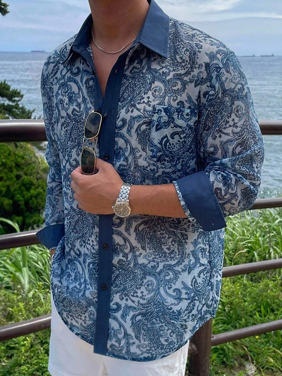 DAZY Kemeja Pria Biru Longgar Motif Bunga Bertekstur Musim Semi - Biru - View 1