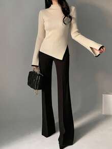 DAZY Women's Contrast Color Stand Collar Bell Sleeve Fitted Sweater Fall - Apricot - View 7
