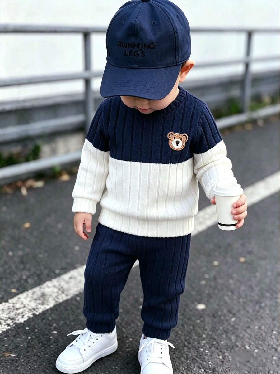 SHEIN Playful Pals 柔軟刷毛布料熊刺繡圖案拼色男嬰休閒套裝 秋季