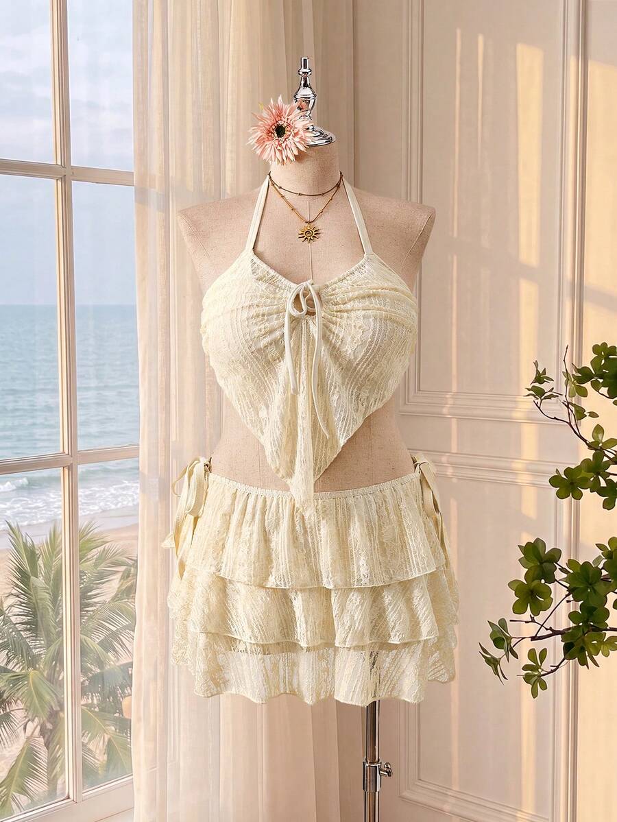 Bellisia 可愛甜美復古休閒度假海灘海濱大尺碼泳衣套裝 - 杏色 - 查看 1