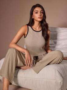 Lazeform Women's Casual Knitted Jacquard Tank Top Loungewear Pajama Set - Grey - View 1