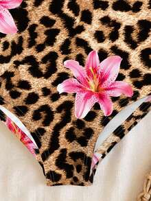 SHEIN 豹纹、芙蓉花、火焰树、海滩度假、#椰子女孩、女婴休闲修身吊带连体泳衣、适合夏季、公主风、小星星、女婴泳装、浪漫假期 - 彩色 - 查看 5