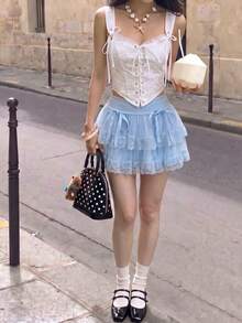 SHEIN MOD Women's Solid Color Mesh Bowknot Casual Summer Skirt - Blue - View 5