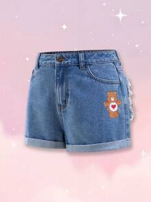 SHEIN X Care Bears 女款卡通圖案毛邊休閒日常牛仔短褲 - 藍色 - 查看 3