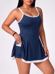 SHEIN Rhythm Era Spring/Summer Women's Sports Dress, Tennis, Navy Blue Colorblock, Thin Adjustable Straps, Hemline, Built-In Shorts Pockets Pickleball - Multicolor - View 5