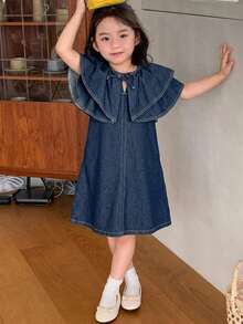 Dazy Kids 女童夏季休閒荷葉邊牛仔洋裝 - 藍色 - 查看 4