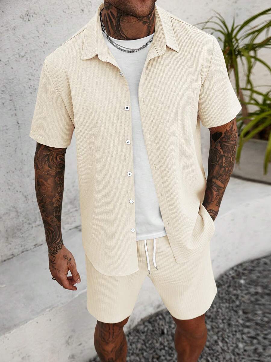 Manfinity RSRT 2pcs/Set Men's Solid Color Textured Short Sleeve Shirt And Shorts Set, - Apricot - View 1