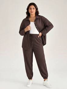 Comfylo Plus Size Women's Striped Long Sleeve Top And Pants Casual Daily 2 Pieces Set Fall - Coffee Brown - View 6
