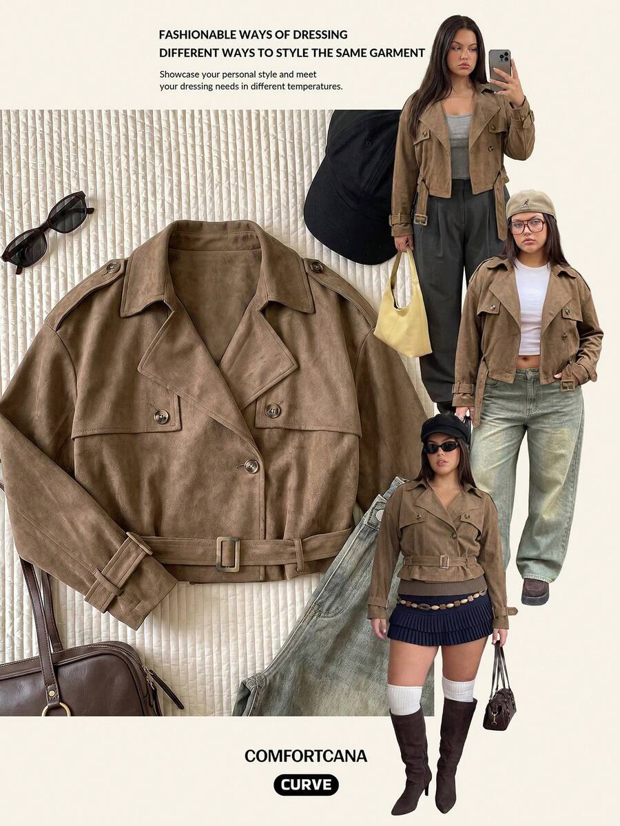 Comfortcana Plus Size Cropped Black Vintage Lapel Trench Coat Jacket Fall - Khaki - View 1