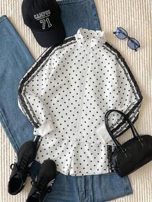 Comfortcana Plus Size Women Casual Style Suitable For Outdoor Wear White Polka Dot 2 Pieces Set Fall - White - View 3