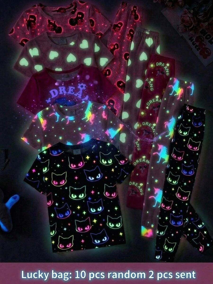 SHEIN 青少年女孩休閒日常百搭舒適卡通圖案修身居家服 - 粉色 - 查看 1