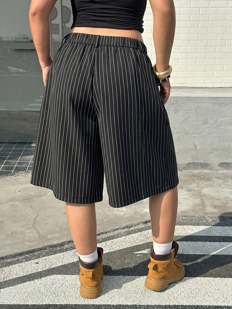 Muchica Shorts casuales versátiles de uso diario con rayas y pliegues para mujer de talla grande - Multicolor - Añade 2