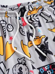 LOONEY TUNES X SHEIN Plus Size Men's Crew Neck Letter Cartoon Print Short Sleeve Top And Shorts Casual Daily Home Sleepwear Set - White - View 9