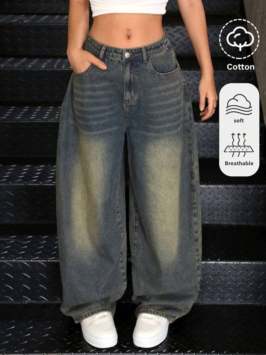 SHEIN Tween Girls' Vintage Retro Blue Denim Loose Wide Leg Pants Y2k Graduation - Medium Wash - View 1