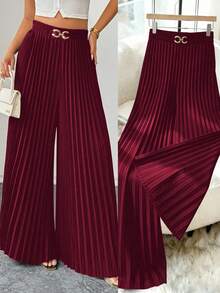 Elenzga Plus Size Spring New Pleated Wide Leg Pants, Suitable For Commuting, Gatherings And Various Occasions. Suitable For Casual, Commuting, Vacation, Afternoon Tea, Christmas Party And Other Occasions. - Burgundy - View 4