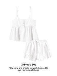 LUVLETTE Summer Sweet Elegant Airy White Polka Dot Pajama Set - Ruffled Camisole & Shorts Sheer Sophisticated Lounge Wear - White - View 13