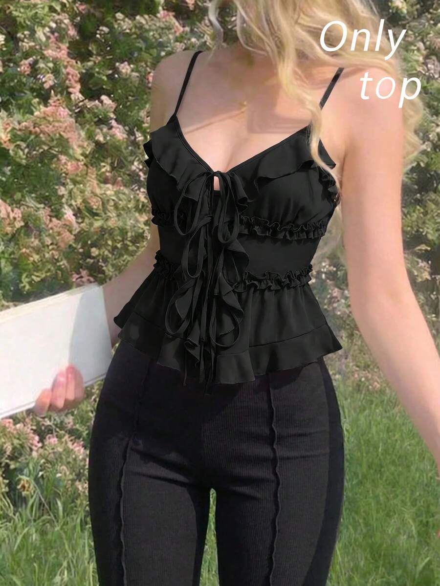 SHEIN MOD 夏季黑色紧身荷叶边罩杯无钢圈文胸,前结后带 - 黑色 - 查看 1