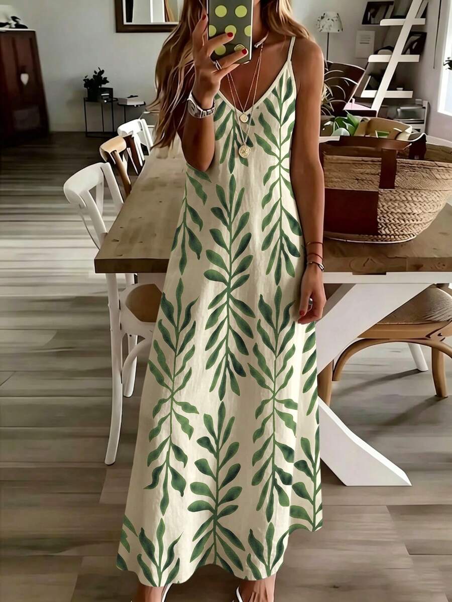 Selamara Retro Plant Leaf Print V-Neck Slip Dress, Loose Hip-Covering Long Vest Dress For Beach Vacation - Multicolor - View 1