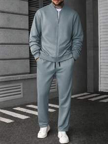 Manfinity CasualCool Men's Versatile Long Sleeve Zip-Up Jacket And Drawstring Waist Cargo Pants Set - Dusty Blue - View 3