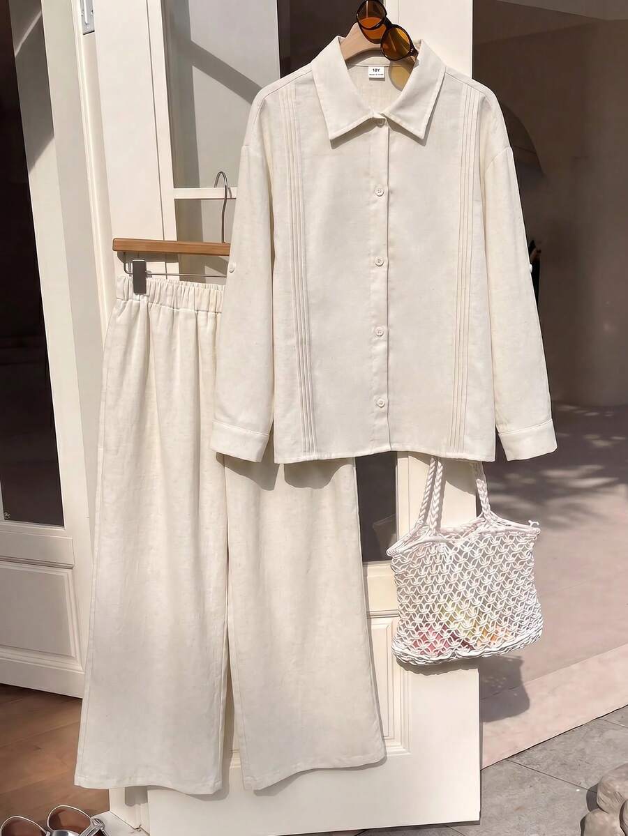 SHEIN Tween Girl 少女米白色紋理兩件套 刺繡領長袖襯衫搭配鬆緊腰寬腿長褲 休閒酷女孩校園風 - 杏色 - 查看 1