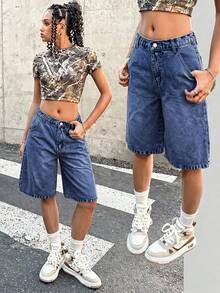 SHEIN 青少年女孩夏季休閒百慕達牛仔短褲 - 深色水洗藍 - 查看 7