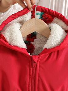 SHEIN Elladie kids 1件女童冬季新款紅色保暖內裡拉鍊連帽衛衣，彈性腰頭，加厚保暖簡約時尚百搭戶外通勤外套 - 紅色 - 查看 5