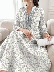 SHEIN Najma 紫色和蓝色碎花V领开衩长袖连衣裙，女士春夏休闲长款碎花连衣裙 - 彩色 - 查看 4