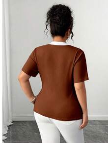 Elenzga Plus Size Women's Summer White & Brown Colorblock Bowknot Ribbon Shoulder Slimming Elegant Exquisite Short Sleeve T-Shirt. Suitable For Daily Casual Commute. Dating - Rust Brown - View 2