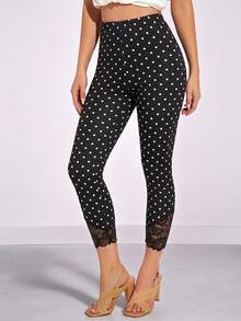 Amorya Women's Polka Dot Print Contrast Lace Fashion 3/4 Length Leggings - Black - View 4
