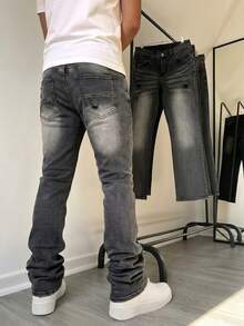 Manfinity Roghcode Men's American Vintage Niche Washed Horseshoe Denim Jeans Slim Fit Stretch Flared Leg Long Pants - Black - View 2