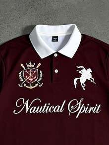 STYNVO 男士字母騎士印花長袖休閒 Polo 衫 - 酒紅色 - 查看 3