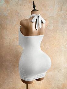 Mistrie Y2K Halter Neck Ruched Bodycon Mini Dress - Draped Backless Form Fitting Party DressBaddie Vibe Draped Halter Neck Ruched Mini Dress - Backless Bodyc - White - View 2