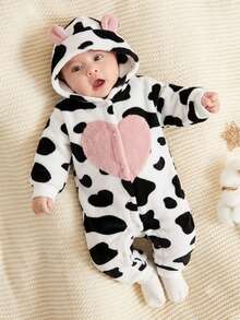 SHEIN Infant Girl Cute Playful Patchwork Heart Animal Ear Cow Print Long Sleeve Hooded Plush One-Piece Pajamas - Black and White - View 4