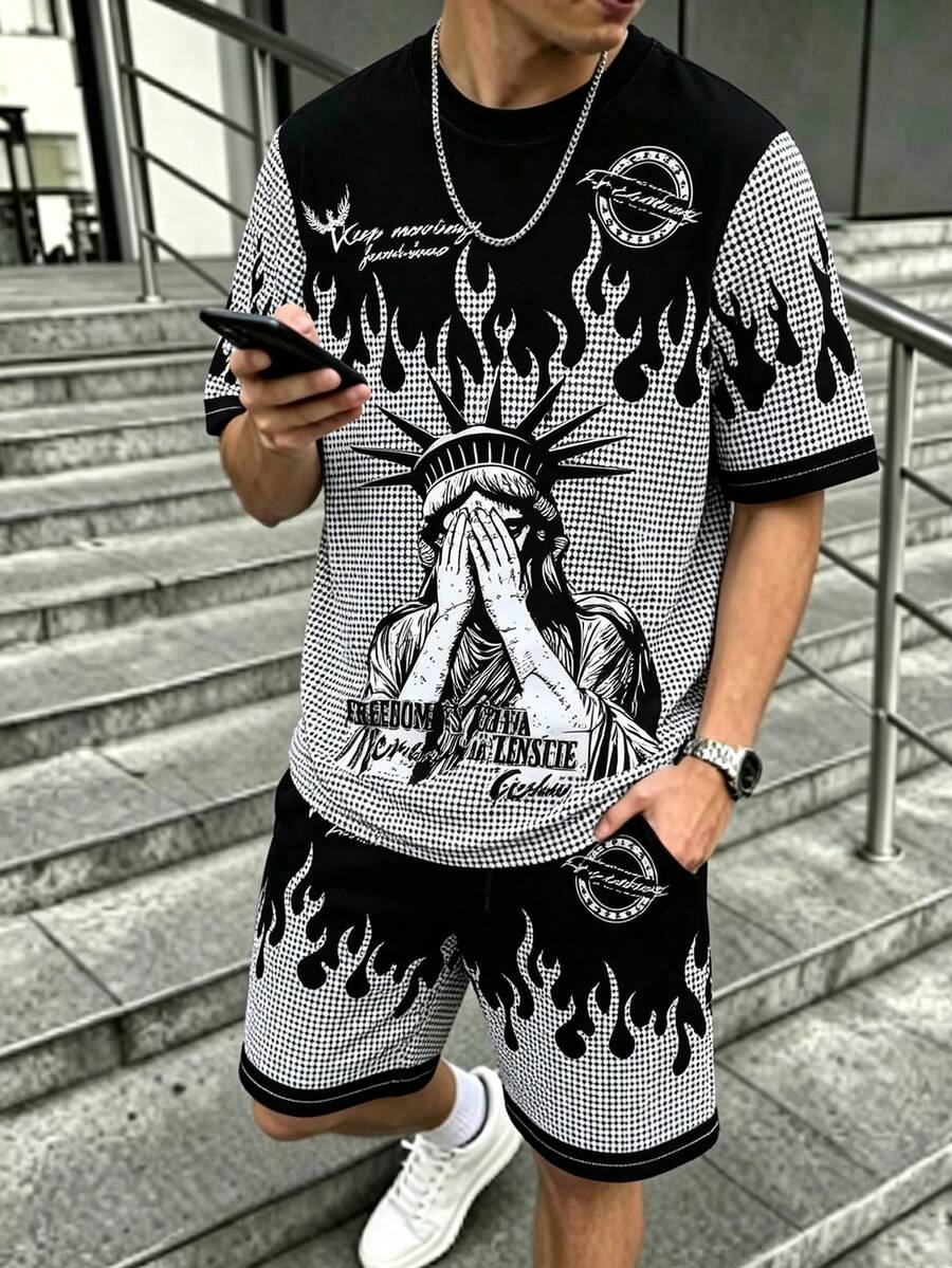 SHEIN 青少年男孩 2 件套服裝-自由女神像圖案印花 T 恤與短褲套裝-街頭風 - 彩色 - 查看 1