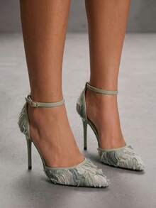 CUCCOO SZL Womens Purple Textured Ankle Strap Stiletto Heel Pumps Pointed Toe Slip On Formal Shoes - Pastel Green - View 6