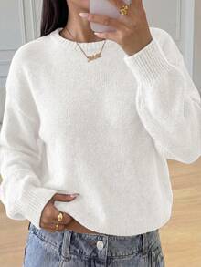 SHEIN Teen Girls Sweaters Casual Lantern Sleeve Cropped Girls Solid Color Long Sleeve Autumn Sweater,White - White - View 1