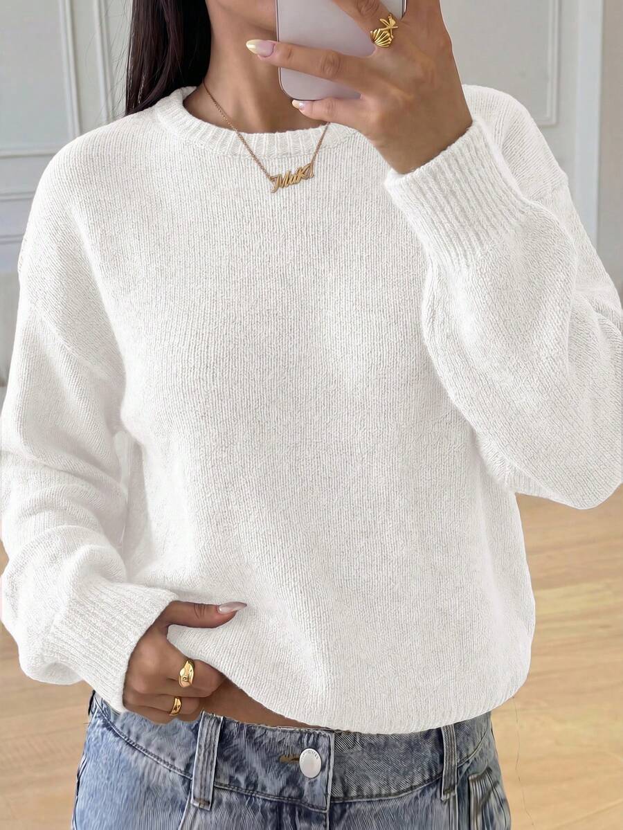 SHEIN Teen Girls Sweaters Casual Lantern Sleeve Cropped Girls Solid Color Long Sleeve Autumn Sweater,White - White - View 1