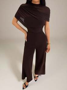 SHEIN PETITE Mono de unicolor elegante con manga corta y patchwork de malla, primavera/verano - Marrón - Ver 2