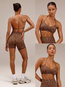 GLOWMODE FeatherFit™ Adjustable Halter Neck Backless Ruched Front Sports Bra With Removable Anti-Slip Cups Yoga Studio Pilates Daily Wear - Brown - View 9